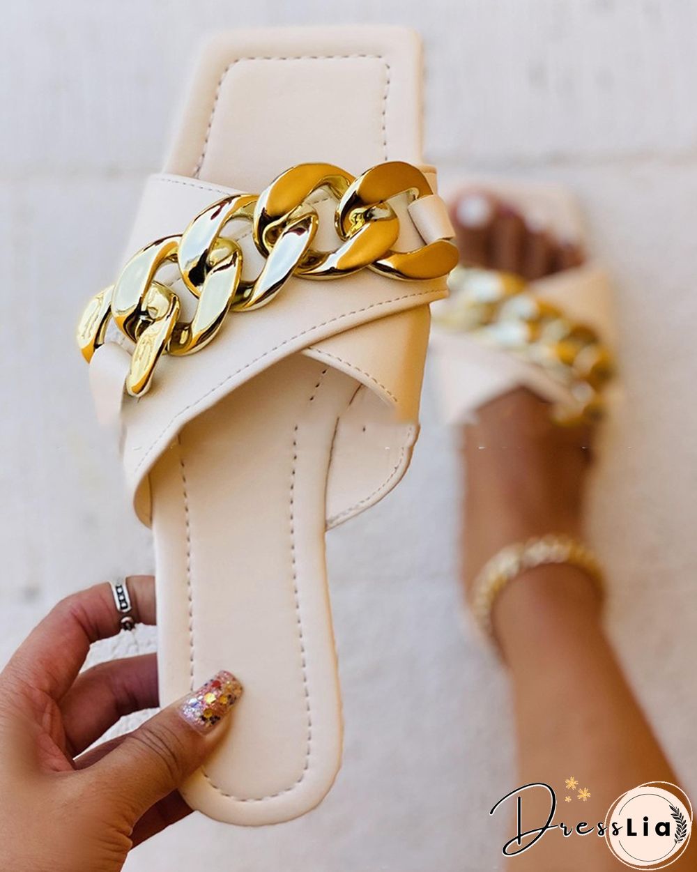 Square-toe Solid Color Splicing Chain Flat Slippers