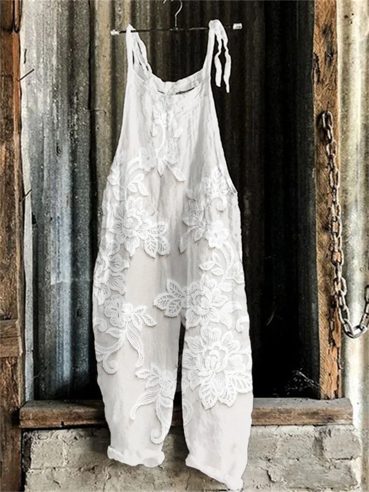 Comstylish Vintage Floral Lace Embroidered Linen Blend Jumpsuit