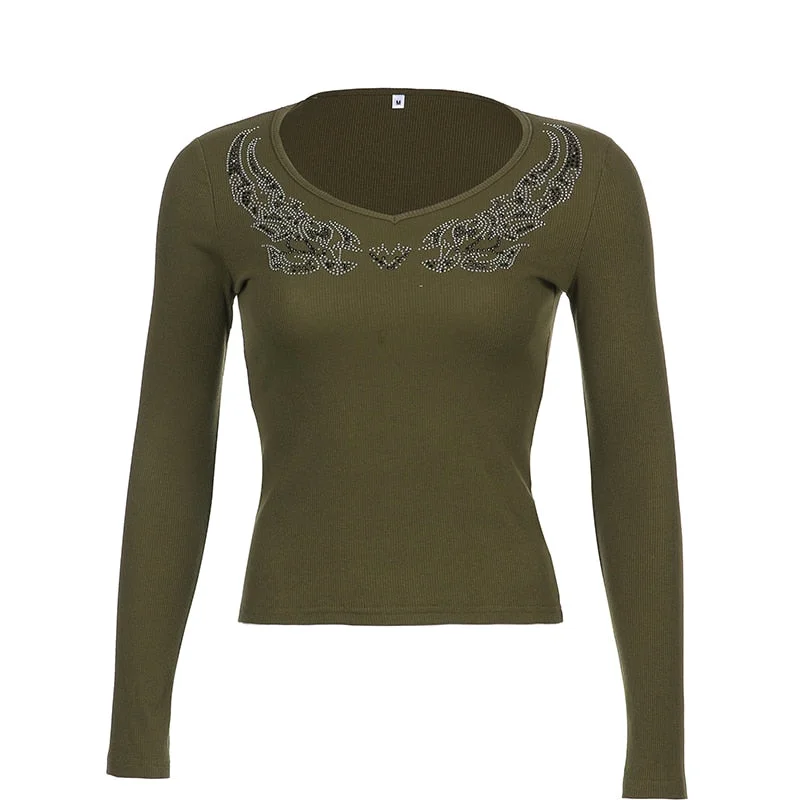 Rapcopter Diamonds Crop Top Black Long Sleeve Knitted T Shirt V Neck Basic Harajuku Pullovers Women Autumn Winter Tee Korean 90s