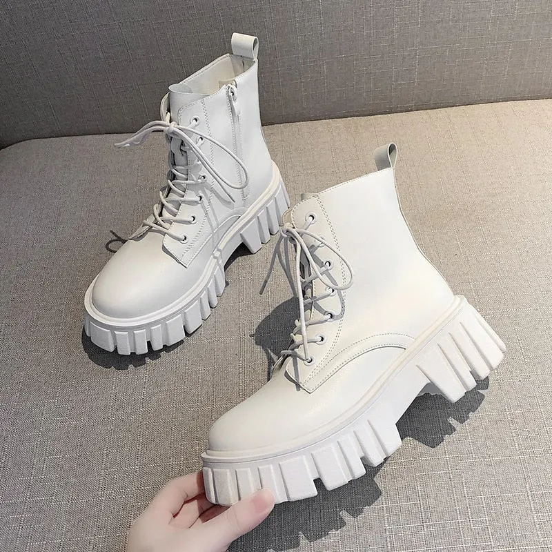 Punk Gothic Combat Boots Women Platform White Boots 2021 New Lace Up Black PU Leather Chunky Ankle Boots Female Designer