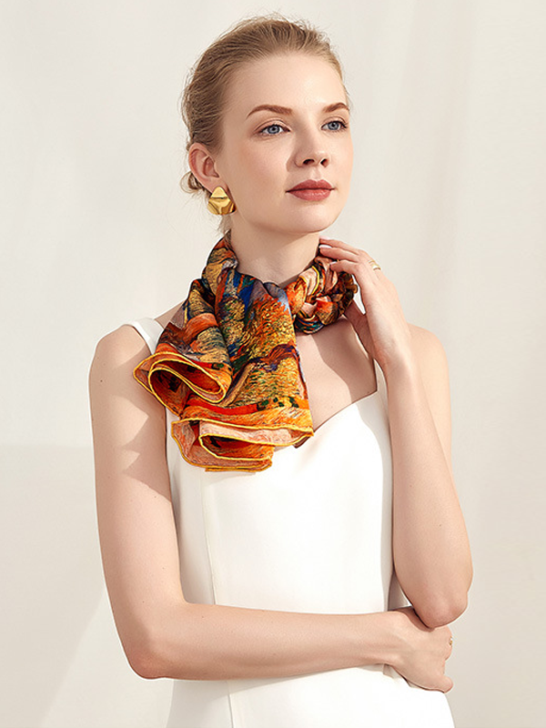 Silk Scarf Satin Scenery Oil Painting Style For Women