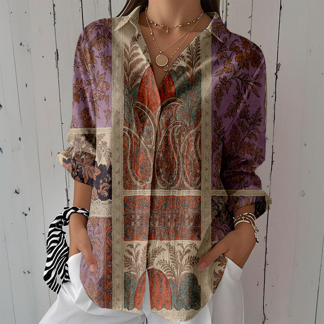 Women Long Sleeve V-neck Graphic Floral Printed Top