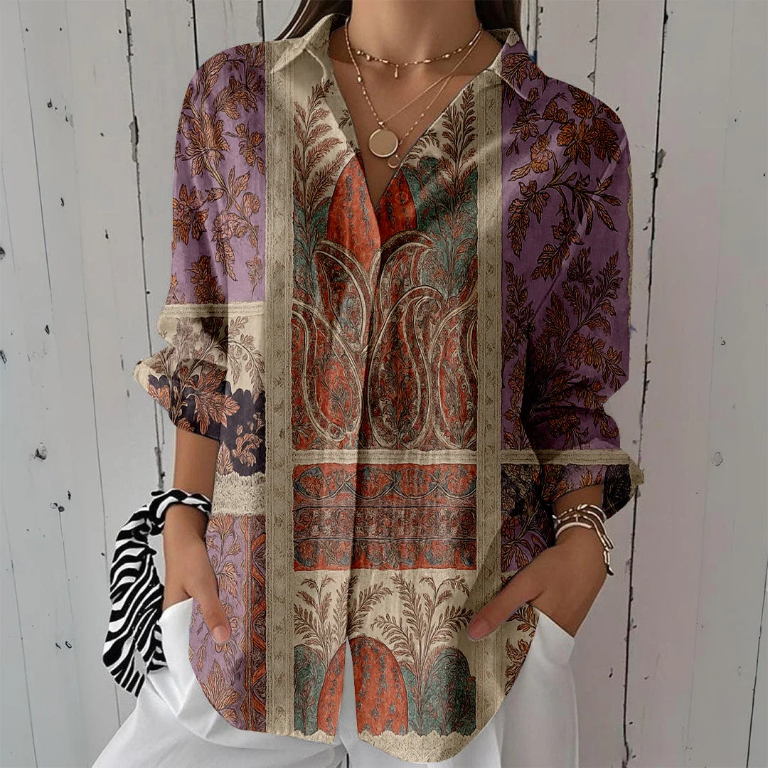 Style & Comfort for Mature Women Women Artistic,Purple DZCL0269 3/4 Sleeve Shirt Collar Printed Button Tops