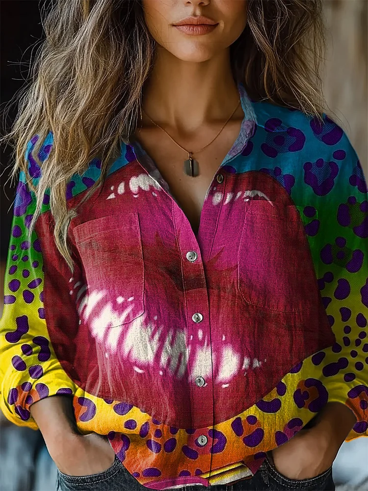 Women's Leopard & Red Lips Valentine's Day Print Casual Long Sleeve Comfortable Cotton Shirt