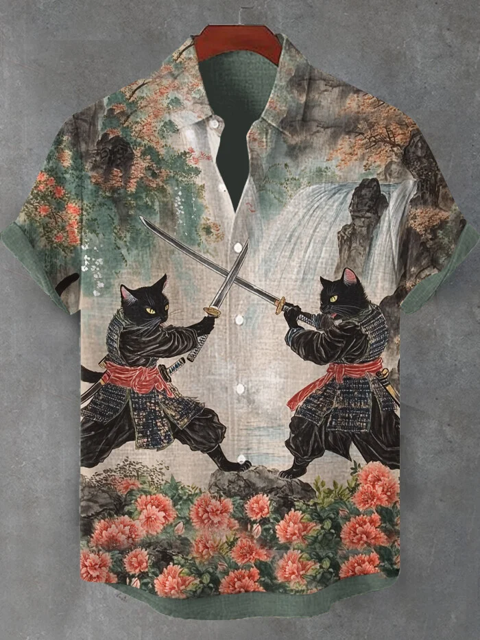 Men's Two Japanese Black Cat Warriors Fighting Art Print Short Sleeve Shirt