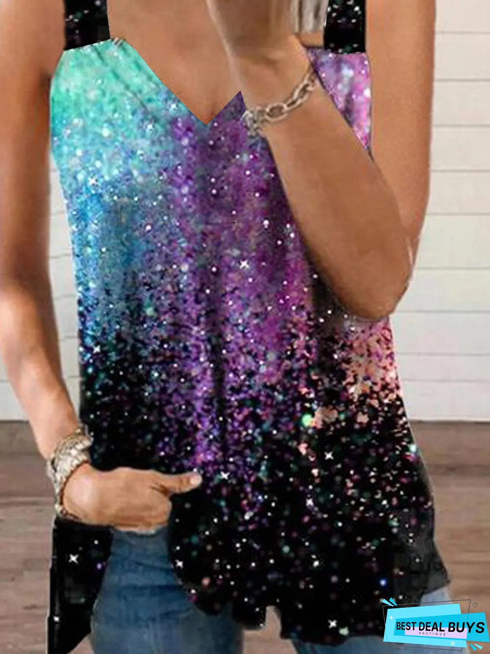 Casual Ombre Printed Loosen Spaghetti Tunic Knit Tank Top