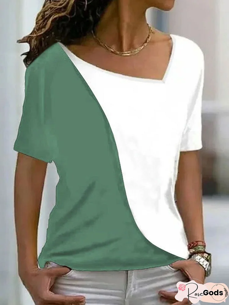 Women Asymmetrical Neck Color Block T Shirts Short Sleeve Tops