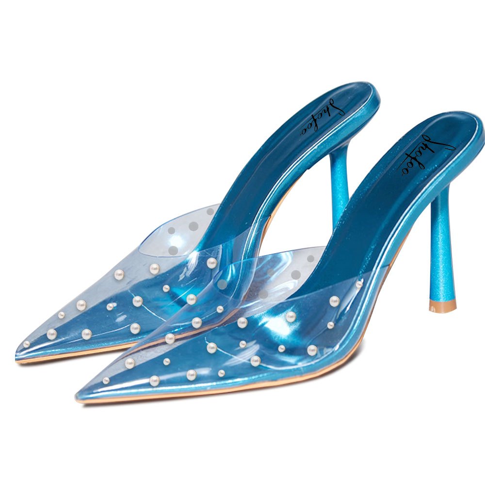 Blue PVC Pointed-Toe High Heel Mules with Pearl Decor Nicepairs
