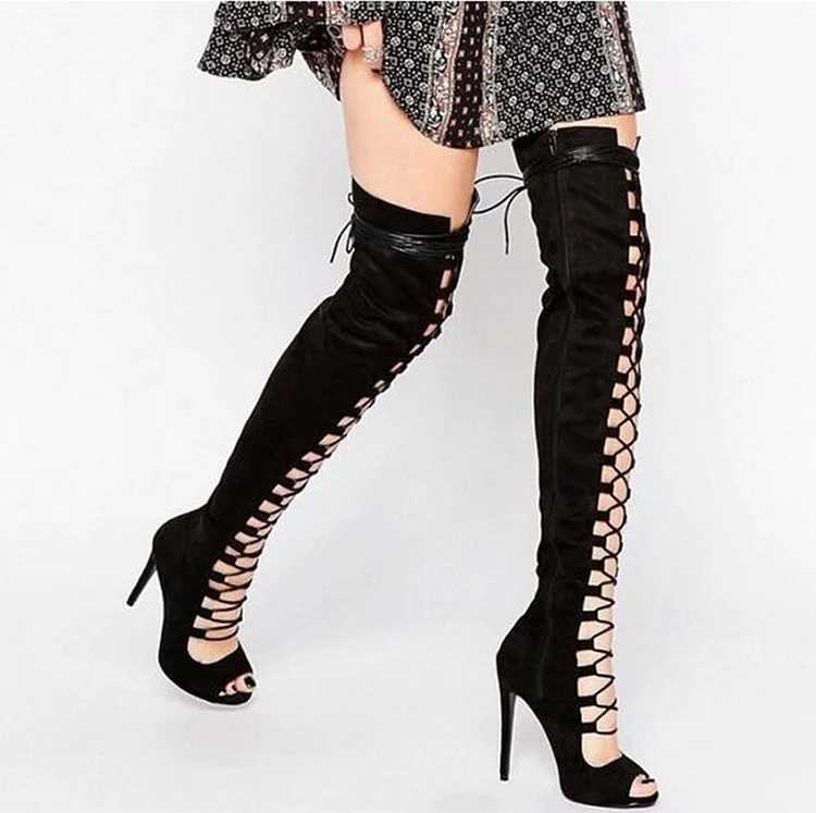 Suede Peep Toe Cross Strap Over The Knee Boots