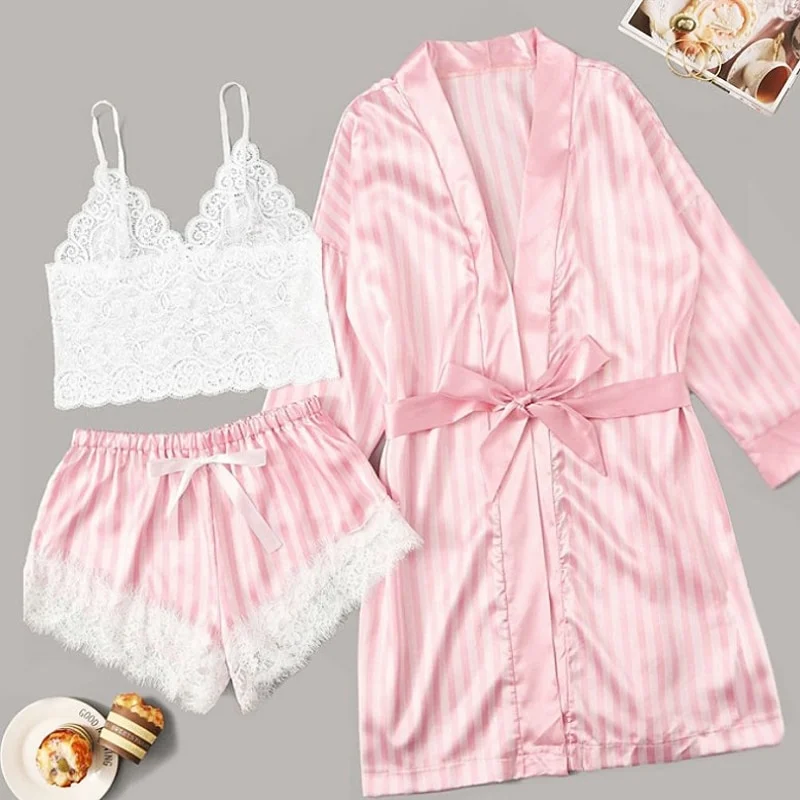 Billionm Women Pink Striped Pajamas Sets Satin Sleepwear Pijama Silk Home Wear Sexy Nightie Lace Sleep Lounge Pyjamas Long Nightgown