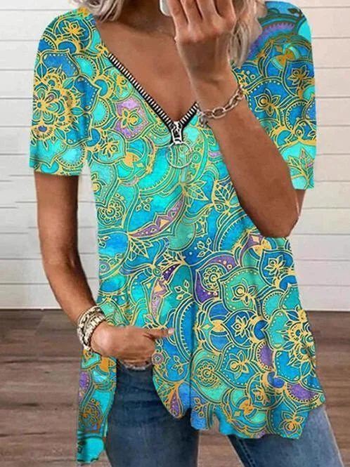 Women Short Sleeve V-neck zipper Floral Printed Top