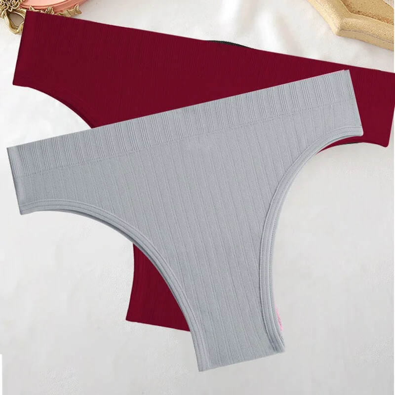 FINETOO 2PCS/Set M-XL Women Seamless Pantys 9 Solid Colors Sexy Brazilian Panties  Midi-Waist Underpants For Girls Fashion Thong