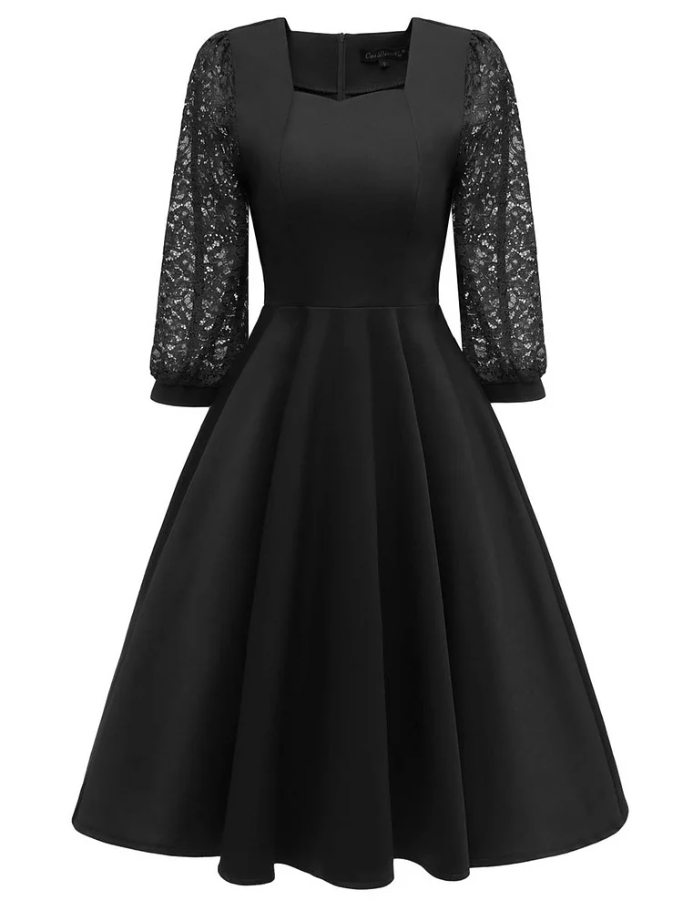 Mayoulove Lantern Sleeve Square Neck  Solid Color Lace Dress-Mayoulove