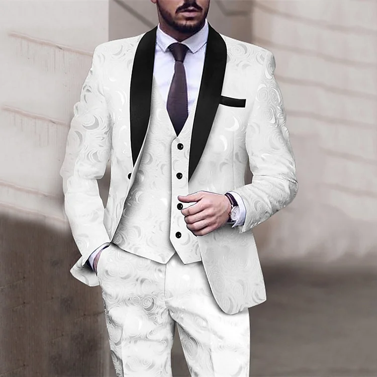 Men's Business Floral Jacquard Shawl Lapel Pocket Blazer & Vest & Pants 3Pcs Set