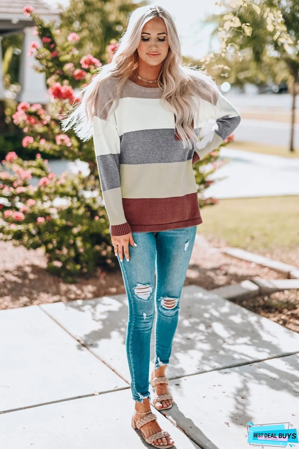 Color Block Drop Shoulder Round Neck Sweater