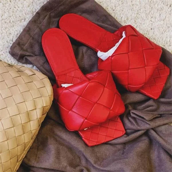 Square Open Toe Heeled Woven Leather Mule Slip On Quilted High Heels