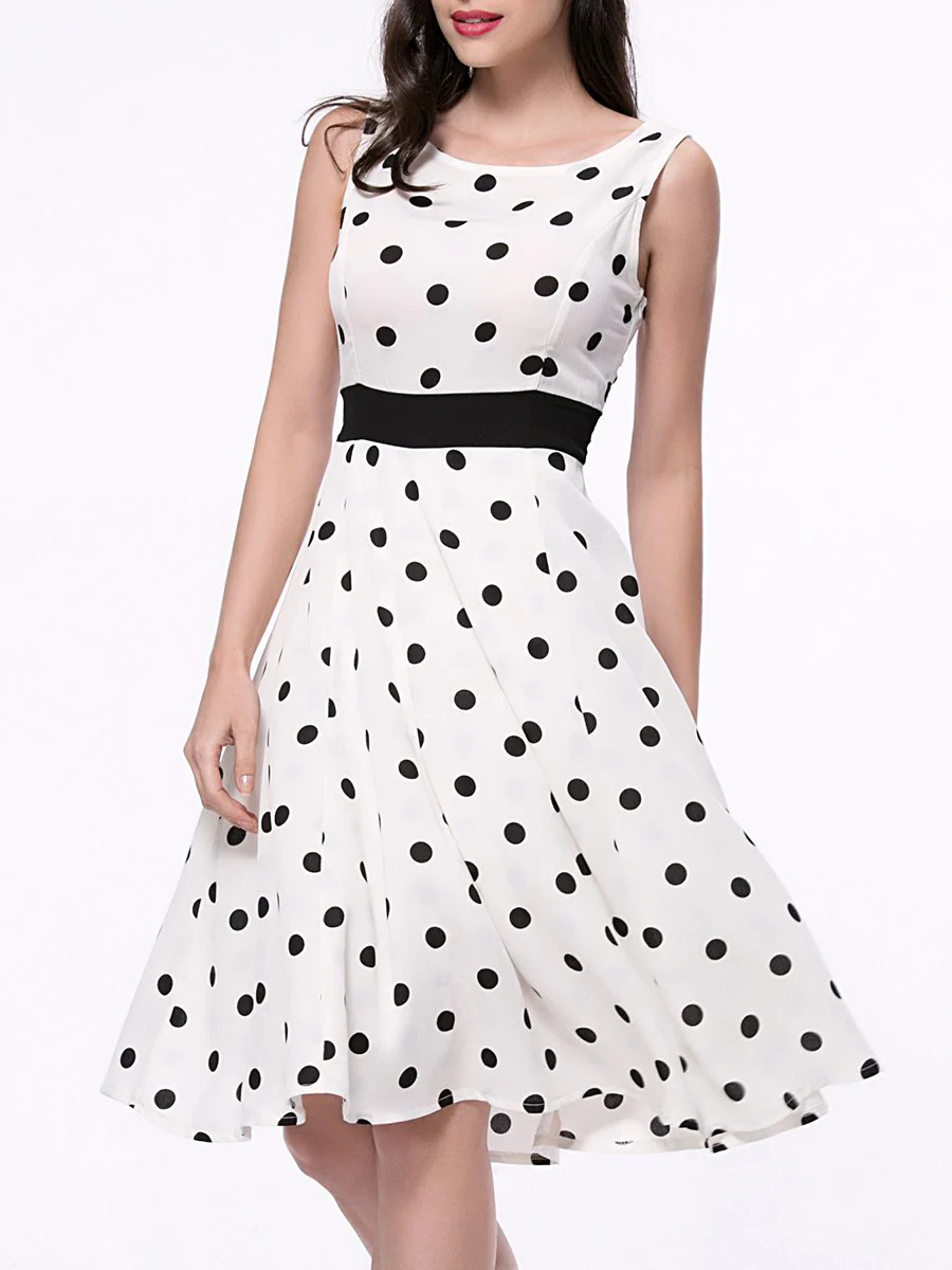 Classic Polka Dot Sleeveless Round Neck Skater Dress