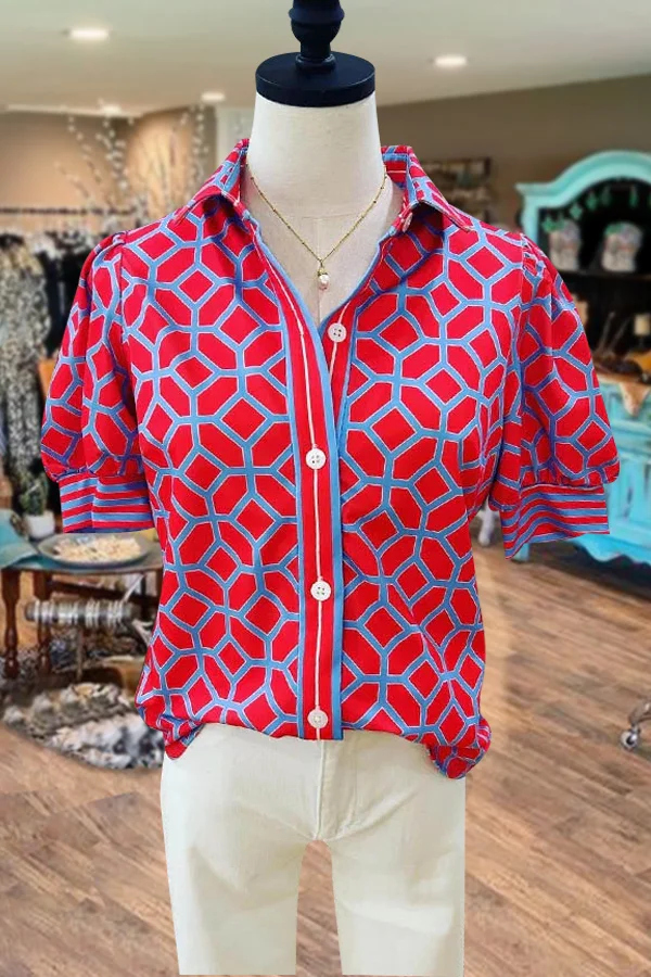 Graphic Print Puff Sleeve Button Up Blouse