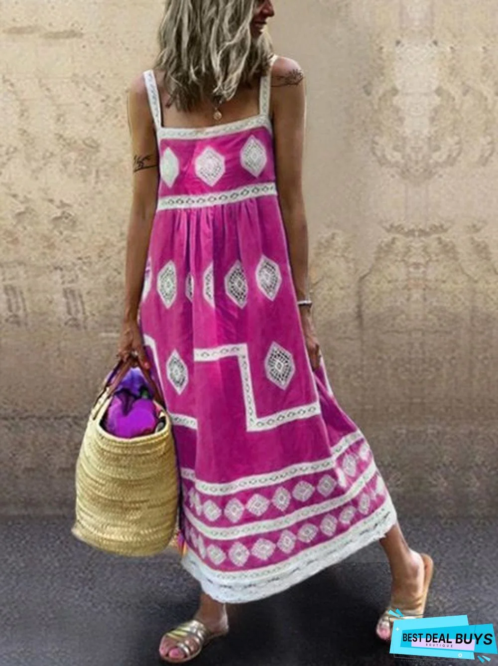 Women Boho Holiday Graphic Linen Maxi Dress