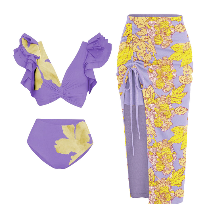 Flaxmaker Ruffle Lavender Orchid Print Bikini Swimsuit and Skirt
