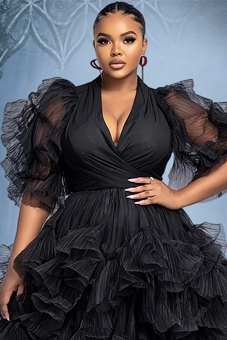 Xpluswear Design Plus Size Cocktail Party Black V Neck Puff Sleeve Short Sleeve Tiered Elegant Ruffle Tulle Midi Dresses [Pre-Order]