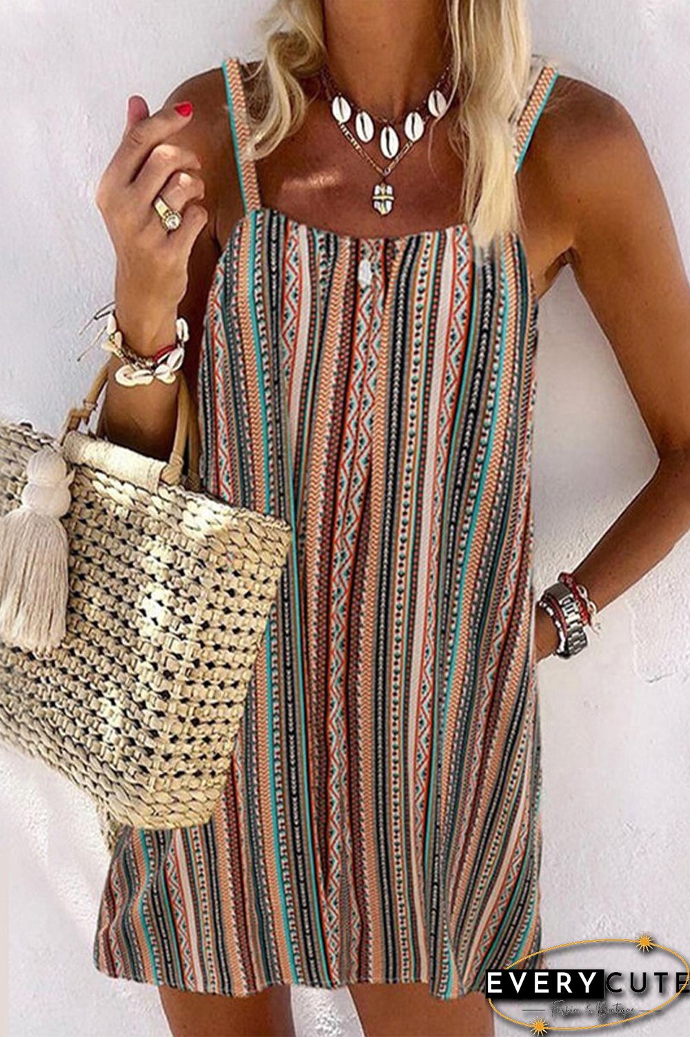 Vertical Stripes Strap Mini Dress