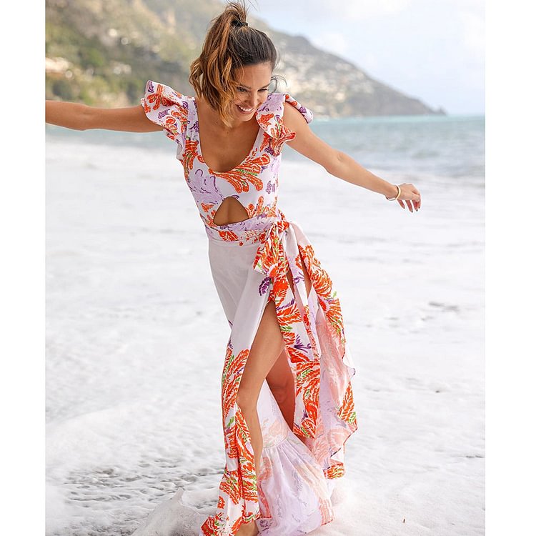 Ruffle Hollow Out Backless Printed Sexy One Piece Swimsuit and Sarong