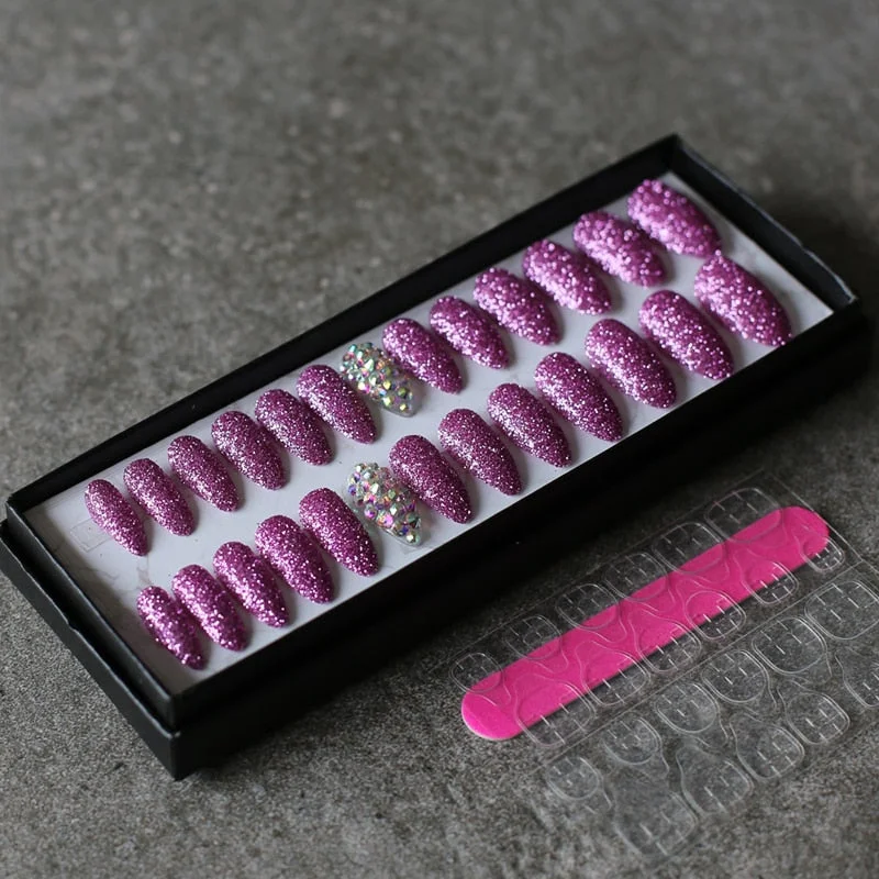 Art design Glitter powder fake nails red pink 26pcs Stiletto Full crystal diamond false nails wedding nails-Nail Inspo