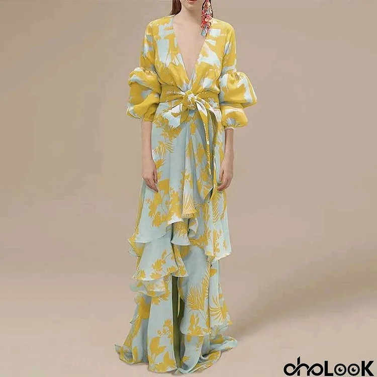 Women Casual Elegant Printed V-Neck Tight Waist Lace-Up Irregular Maxi Dress