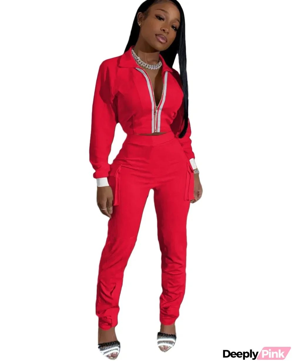 Autumn Blank Zip Crop Top and High Waist Pocket Trouser Set