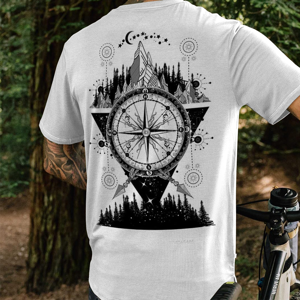 Men's Outdoor Compass Stars Moon Hills Print Casual T-Shirt Lixishop 