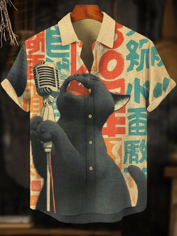Men's Black Cat Singing Japanese Art Print Casual Shirt