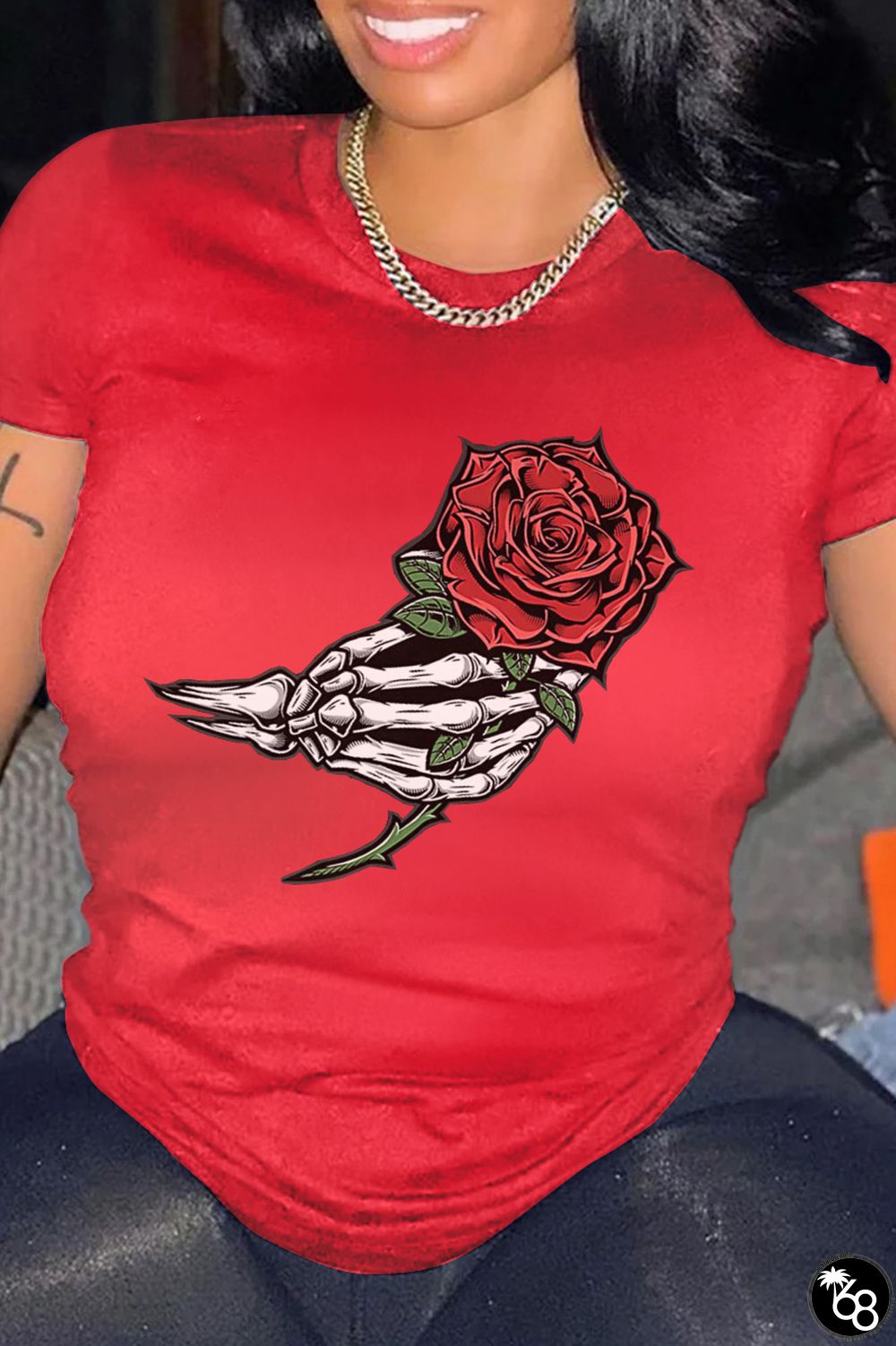 Red Casual Daily Skull Patchwork O Neck T-Shirts | 168DEAL