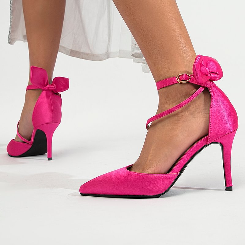 Fuchsia Satin Pointed Toe Stiletto Heels Back Bow Ankle Strap Pumps Nicepairs