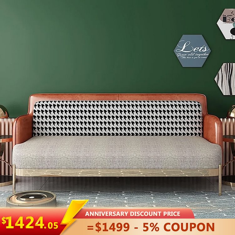 Homemys Retro cotton & linen upholstered sofa 3-seater sofa stainless steel frame with golden legs