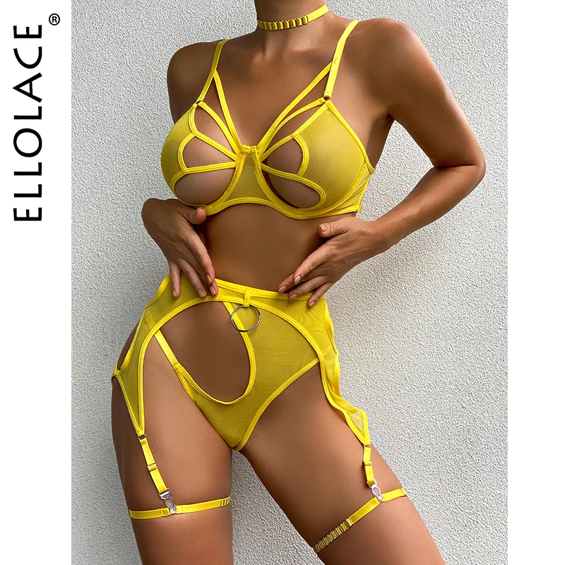 Billionm Ellolace Sexy Lingerie Cut Out Bra Erotic Brief Sets 4-Pieces Sensual Fancy Underwear Garters G-Strings Thongs Lace Exotic Set