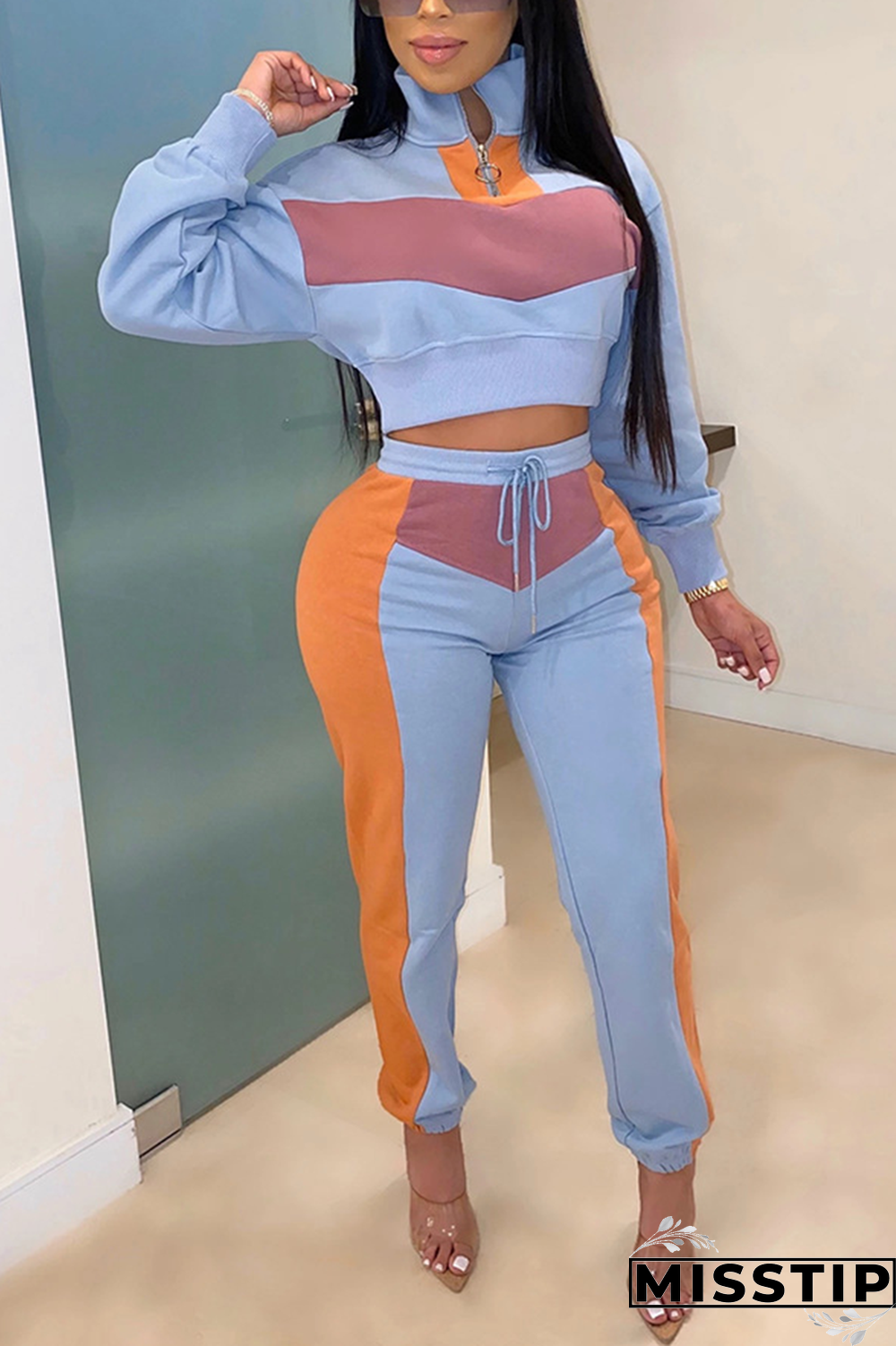 Black Street Patchwork Turtleneck Long Sleeve Two Pieces