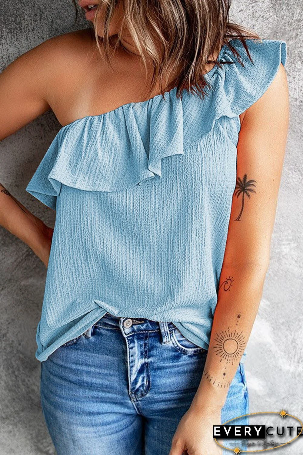 Sky Blue Ruffle One Shoulder Crinkle Tank