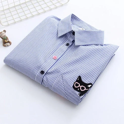 Embroidery Blue Striped Blouses Tops Camisas Women Blouses 2021 Long Sleeve Shirts Female Cute Cats Embroidery Shirts 6833 50