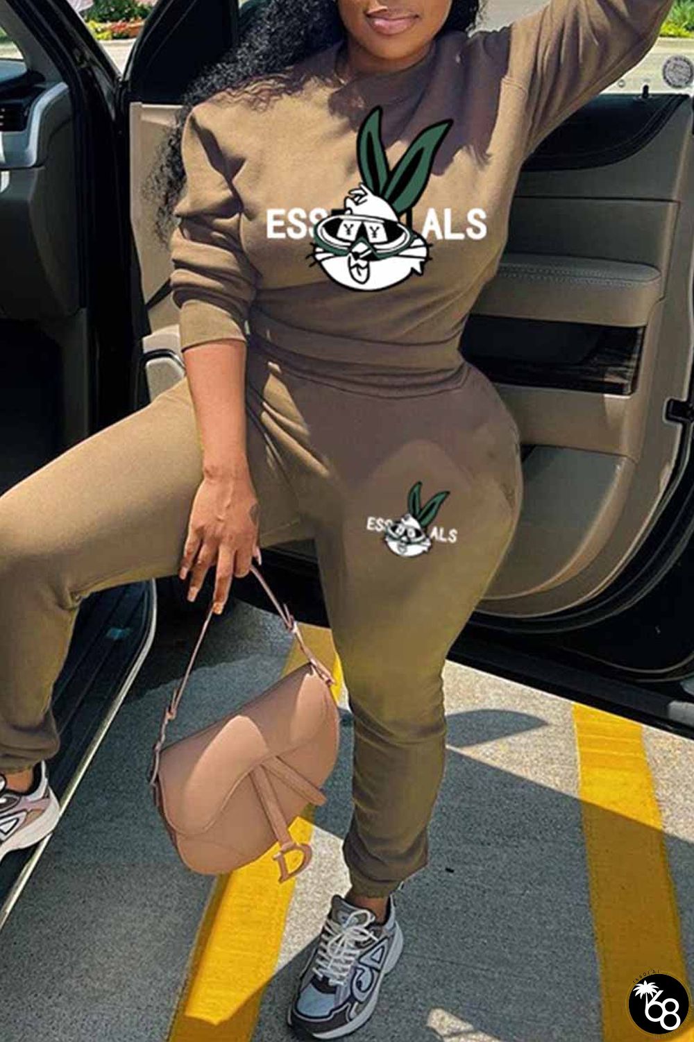 Khaki Casual Character Print Letter O Neck Long Sleeve Two Pieces | 168DEAL