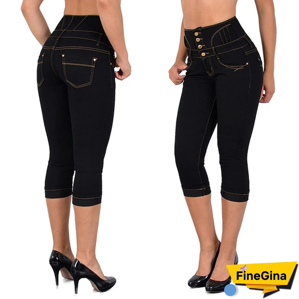 Plus Size Women's Fashion Summer Slim Fit Capri Jeans High Waist 3/4 Jeans Denim Shorts Women Package Hip Short Pants S-5XL