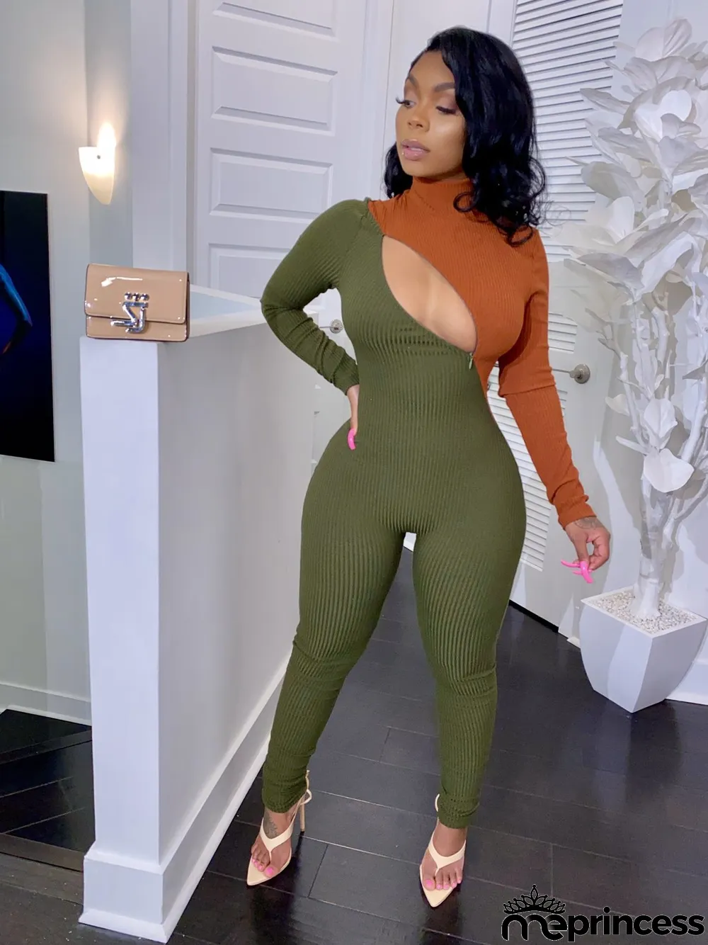 Contrast Color Zipper Two Piece Pants Set