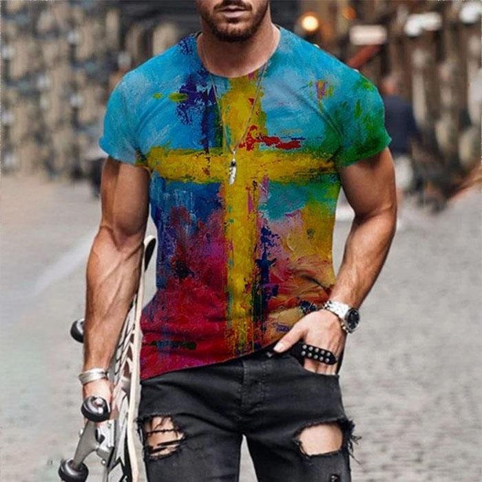 Mens Cross Print Graffiti Streetwear Plus size Vintage T-Shirt