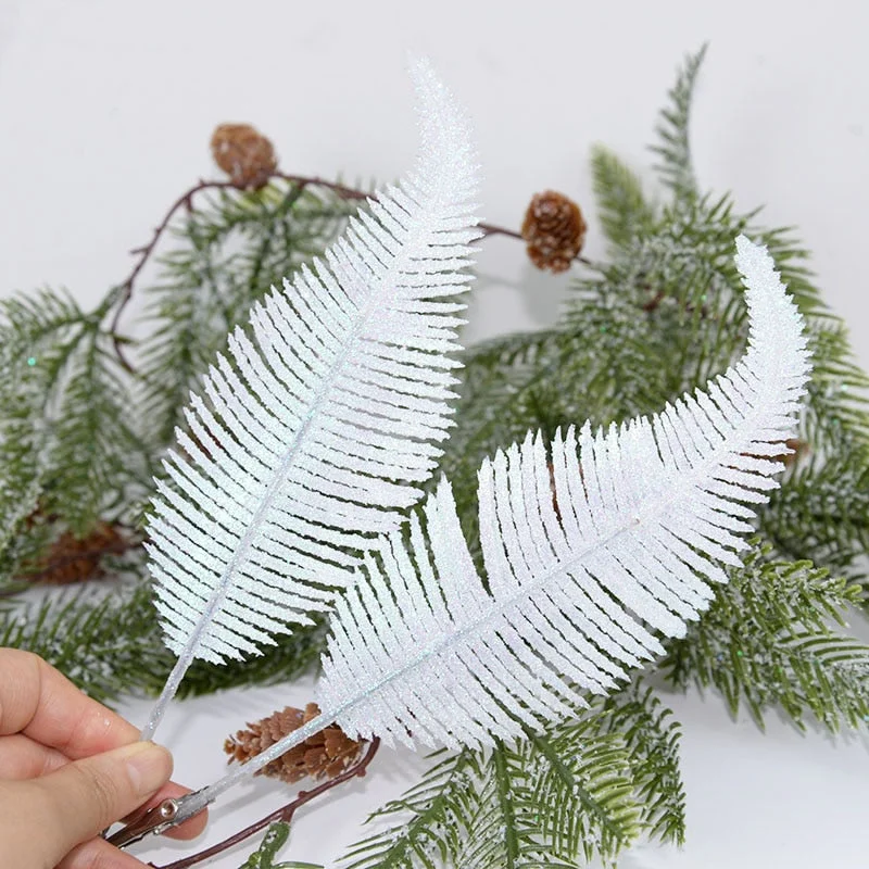 3pcs Glitter Feather Artificial Leaves Clip Xmas Tree Ornament Christmas Party Home Decoration Navidad New Year Wedding Flowers