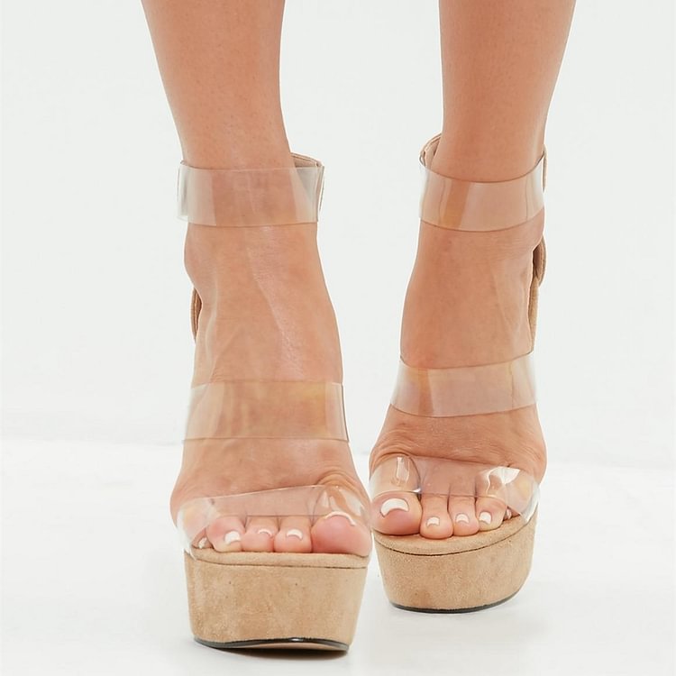 Khaki Wedge Sandals Clear Shoes Open Toe Ankle Strap Sandals |FSJ Shoes