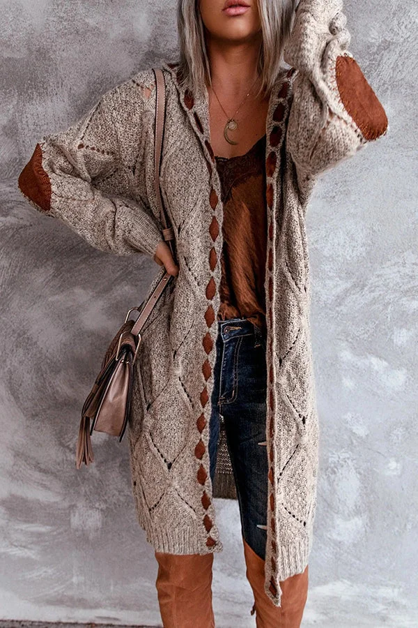 Mid-length Cable Knit Lace Trim Hooded Cardigan