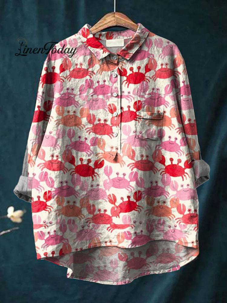 Women’s Watercolor Crab Art Print Casual Cotton And Linen Shirt Multicolor / S