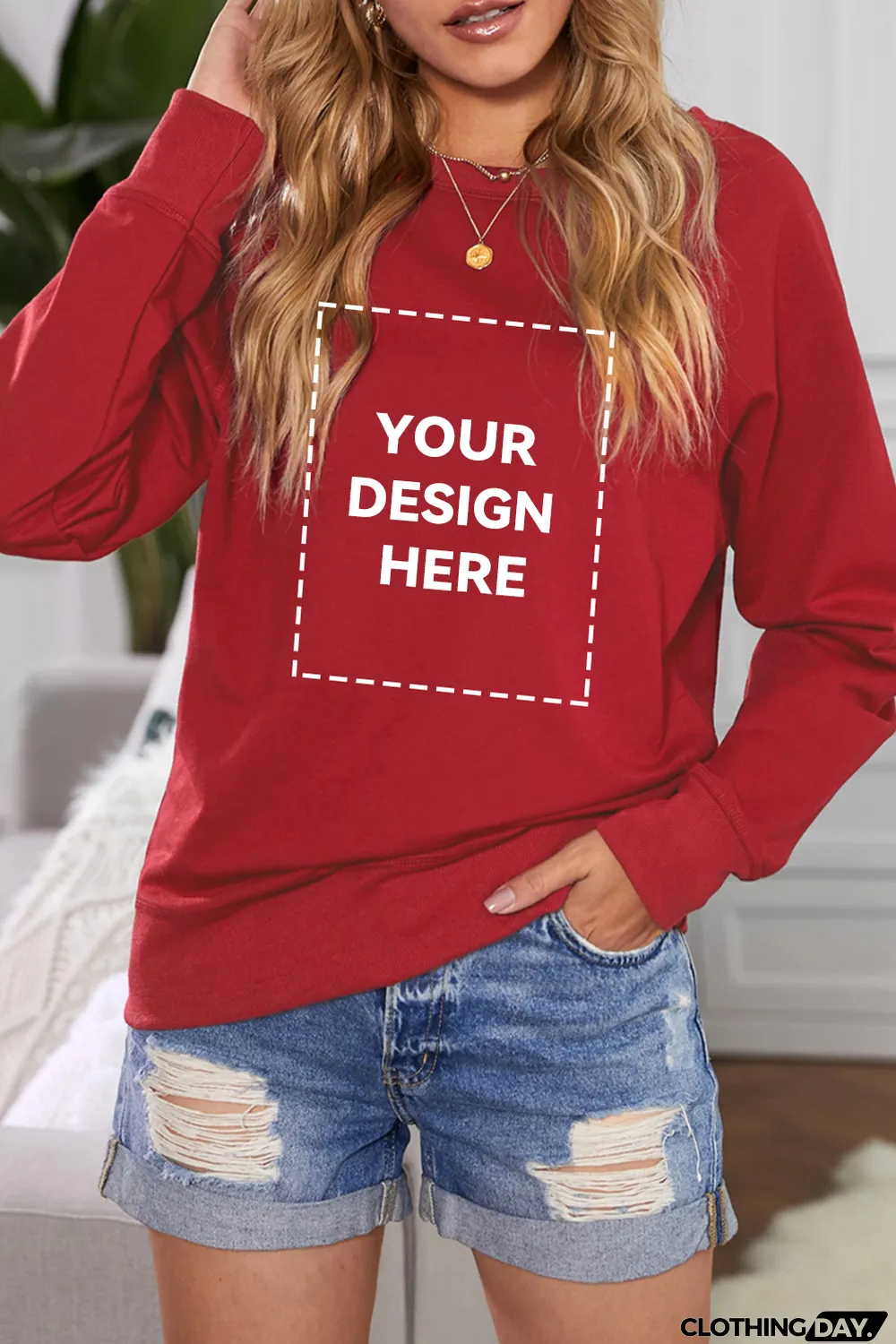 Blank Apparel - Wine Red Solid Crew Neck Pullover Sweatshirt