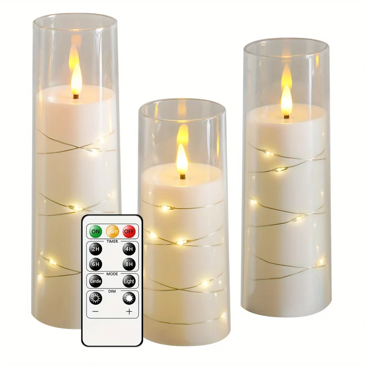 3/6/8/12pcs Flickering Flameless Candle, LED Candles Powered By Batteries, Built-in Star String Light Remote Control And Timer For Christmas Halloween Parties(White)