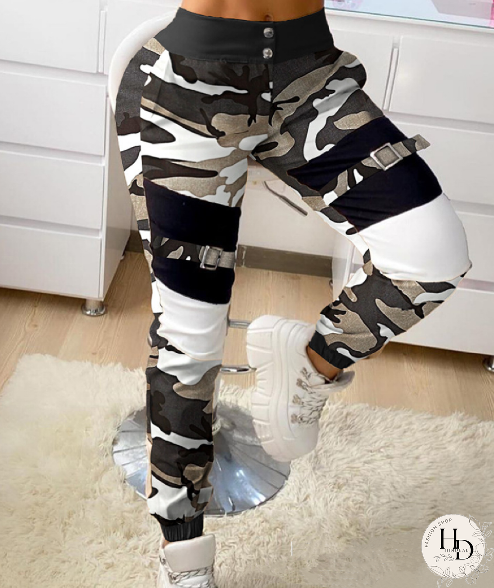 Buckle Zipper Design Colorblock Casual Cargo Pants P10374